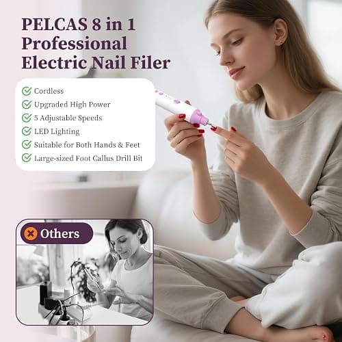 PELCAS Toenail Grinder for Thick Toenails 8 in 1 Manicure & Pedicure Kit, 5 Speeds Cordless Nail Drill with LED Light Electric Foot Callus Remover for Foot Callus, Thick Nails, Finger Nails Pink thumbnail 4