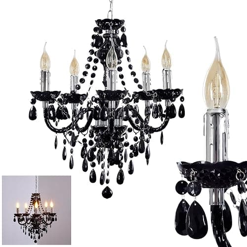 Lustre en métal noir/chrome, lampe à suspendre à 5 flammes, 5 x E14, suspension classique avec cristaux décoratifs, design vintage/rétro, ampoule(s) non incluse(s) - Image 1