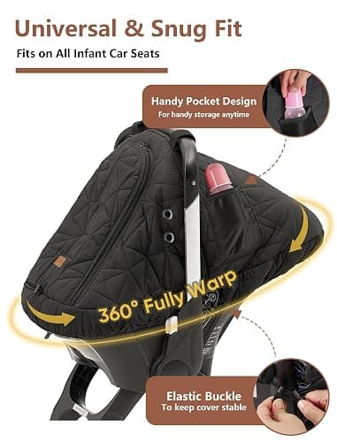 Car Seat Cover Baby Winter: Sprouterie Carseat Canopy for Babies - Infant Cold Weather Shield with Zipper Peeping Window Warm and Cozy Waterproof Universal Fitted Black for Boy Girl Neutral Newborn thumbnail 4
