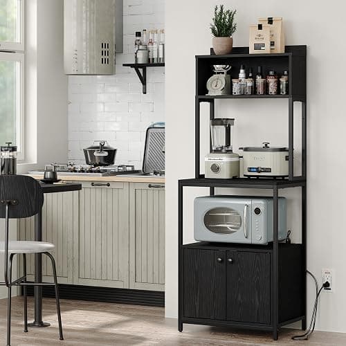 Furniouse 5-Tier Kitchen Bakers Rack with Power Outlet, Industrial Microwave Oven Stand with Storage, Kitchen Storage Shelf with Cabinet, Coffee cart, Standing Kitchen Storage Rack (Black) - Image 1