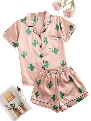 SweatyRocks Women's Short Sleeve Sleepwear Button Down Satin 2 Piece Pajama Set thumbnail 5