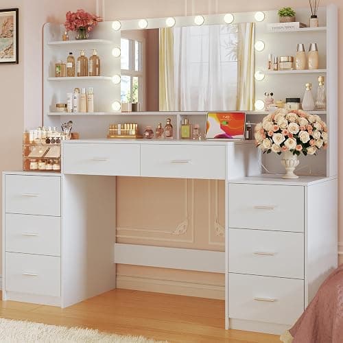 HUAHUU Large Vanity Desk with Mirror & Lights, White Makeup Vanity with 8 Drawers & 6 Storage Shelves, Vanity Set with LED Lights and Power Outlet, 3 Lighting Modes, Adjustable Brightness - Image 1
