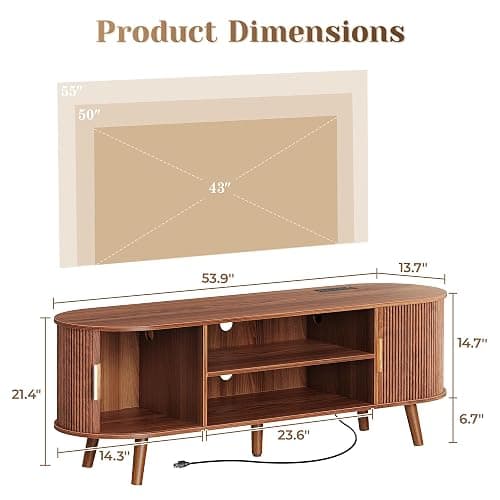 PRAISUN 54 Inch Fluted TV Stand for TVs up to 55 Inch, TV Media Console with Power Outlets and USB-C Port, Entertainment Center with Storage, Curved Sliding Doors, Adjustable Shelf, Brown thumbnail 2