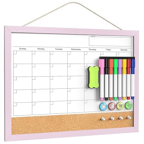 Dry Erase Calendar Cork Board Combo, 17x13 Inches Calendar Whiteboard for Wall, Small Magnetic White Board with Pink Wood Framed, Dry Erase Board for Planner Office Kitchen Home Memo - Image 1