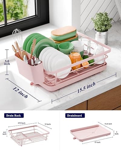 Kitsure Dish Drying Rack for Kitchen Counter, Stainless Steel Sink Organization and Storage Essentials with Cutlery Holder, Home and Appartment Decor, 12''W x 15.5''L, Pink thumbnail 2