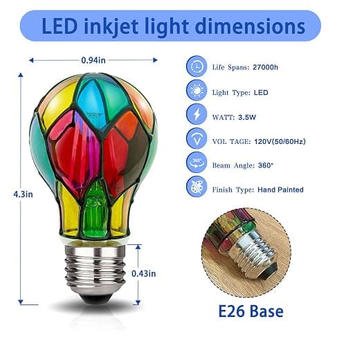 Aygrochy Dimmable Stained Glass Light Bulb LED Bulbs,3.5W E26 Base,A19 LED Colored Light Bulb,for Christmas Decoration,Party,Home Lighting,Garden,Balcony,2 Pack thumbnail 3