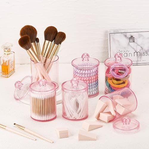 Tbestmax 6 Pack Qtip Holder - 12 oz, 10 oz Bathroom Organizer and Storage Containers, Plastic Apothecary Jars with Lids for Cotton Ball, Cotton Swab, Floss, Pink thumbnail 2