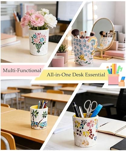 YUCHIYA DIY Glass Mosaic Pen Holder Craft Kit - Complete Materials Package for Beginners, Personalized Handmade Gift for Birthdays Holidays, Educational Art Set Develops Hands-On Skills (Blossoms) thumbnail 3