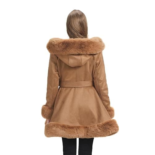 GRAN ORIENTE Suede Jacket for Women with Faux Fur Collar,Long Sleeve Warm Winter Parka Coat with Belt Outerwear thumbnail 6