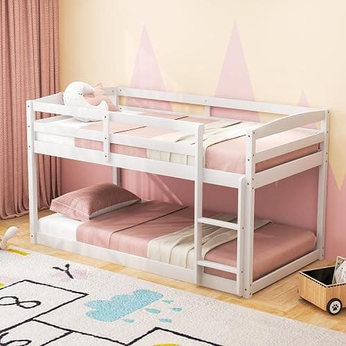 KOMFOTT Low Bunk Bed Twin Over Twin, Solid Wood Bunk Bed Frame with Built-in Ladder & Safety Guardrails, Space-Saving Low Bunk Bed for Kids, Teens, No Box Spring Needed - Image 1