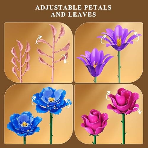 CUBIMANA Flowers Bouquet Building Set with LED Light, 21 Flower Botanical Collection Building Block Toy, Rose Lily Home Plant Decor 1054PCS for Her Adults Women Kids Girls 12+ (Purple) thumbnail 9