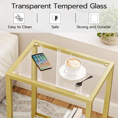 HOOBRO Side Table, 2-Tier End Table, Nightstand for Tight Spaces, Tempered Glass Bedside Table, Modern Metal Frame, for Office, Bedroom, Living Room, Study, Gold GD76BZ01 thumbnail 8