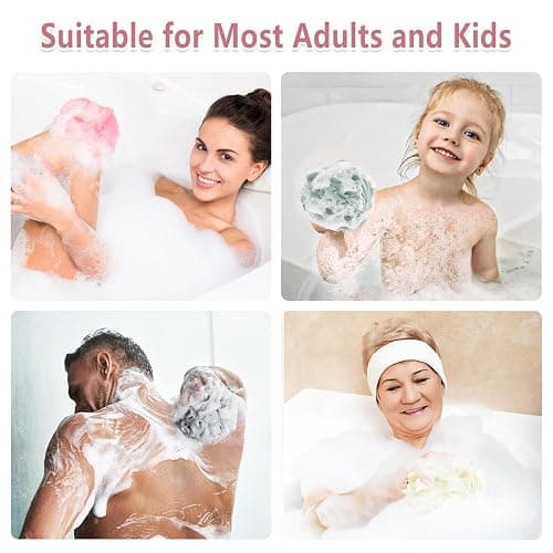 Rnoafmu Shower Loofah Bath Sponge, 60G Loofah Exfoliating Body Scrubber, 4 Color Mesh Shower Pouf Balls for Body Wash (Pink Green White Gray) thumbnail 6