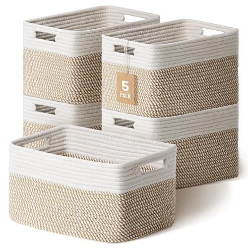 Yilobi 5 Pack Woven Storage Baskets for Shelves, Decorative Basket Organizer Storage Bins for Toys, Books, Clothes, Closet, Nursery, Bathroom – Cotton Rope Shelf Baskets for Organizing, Khaki & White - Image 1