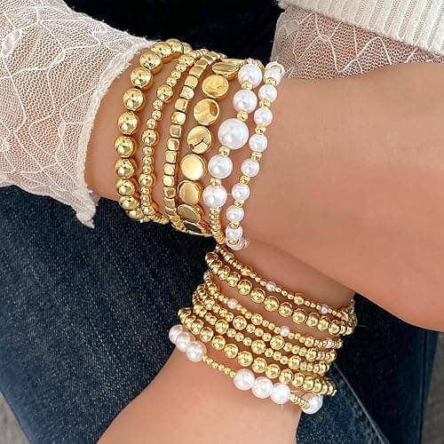 KISS WIFE Gold Beaded Bracelets for Women, Stackable Stretch Bracelet Set | 13 stretch bracelets combine polished gold-tone beads and faux pearls for stacked or individual everyday styling. thumbnail 3