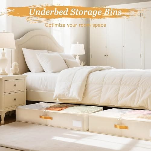 Criusia Under Bed Storage Bins with Clear PVC Lids – 2 Pack Large Underbed Organizers with Heavy-Duty Handles, Reinforced with 800G PP Panels & 80G Non-Woven Fabric – Waterproof & Foldable, Beige thumbnail 4