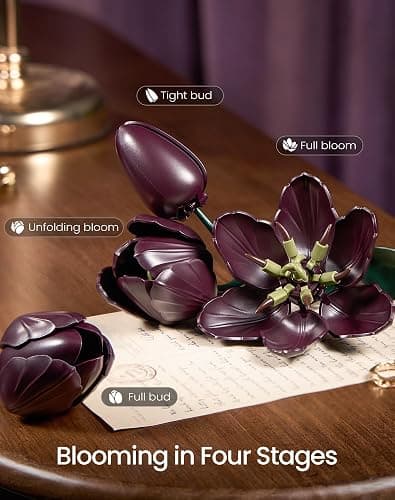 SupreOwls Dark Purple Tulip Flowers Building Set Botanical Bouquet for Her | Artificial Plant Collection Building Kit, Home Room Table Decor Block Toy, Birthday Gift for Adult Women Mother Girlfriend thumbnail 4
