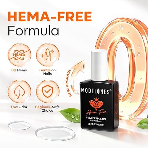 modelones Builder Nail Gel HEMA-Free Clear, Gentle Formula Self Leveling | 7-in-1 Crystal Clear Self-Leveling Strengthener for Natural Apex, Nail Extension, Non-Yellowing, Beginner Friendly U/V Cured thumbnail 4