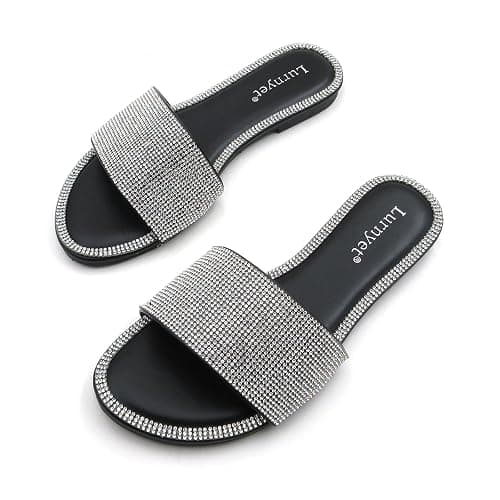 EXEBLUE Women's Glitter Shiny Slide Sandals Fashion Round Toe Slip on Bling Slippers Size 6-10 thumbnail 3