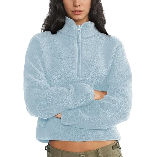 Keeliya Womens Fleece Sweatshirts Cropped Half Zip Fuzzy Warm Sherpa Pullover Varsity Jackets with Zipper Pockets - Image 1