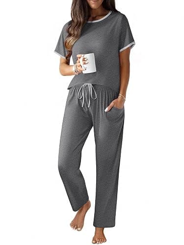 Ekouaer 100% Cotton Pajama for Women Short Sleeve Pj Top With Long Pants 2 Piece Lounge Set with Pocket - Image 1