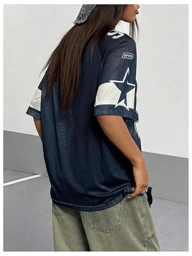 GORGLITTER Women's Star Number Graphic Jersey T Shirts V Neck Half Sleeve Loose Streetwear Tops thumbnail 3