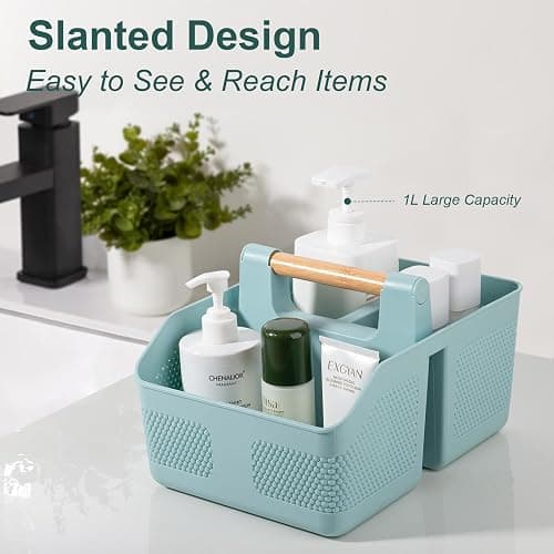 rejomiik Shower Caddy Portable with Bamboo Handle, Plastic Basket Cleaning Caddy Organizer Storage Tote for Bathroom, College, Dorm Room Essentials, Blue thumbnail 4
