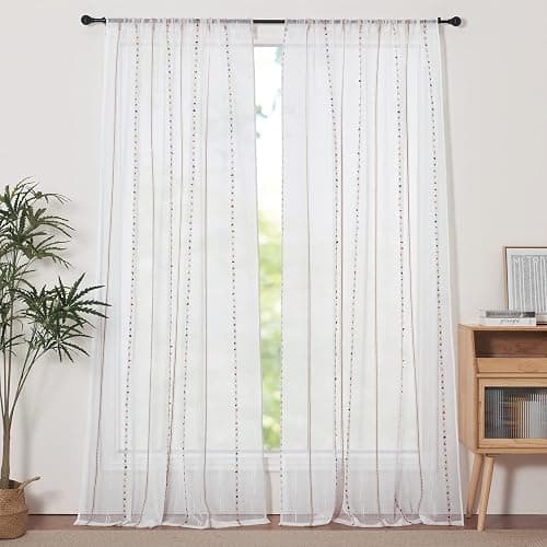 pureaqu Faux Linen Stripe Pattern Sheer Curtains for Bedroom/Kids Embroidered Colorful Rainbow Semi Sheer Voile Window Curtain for Living Room Rod Pocket Tulle W39 x L84 Inch 1 Panel thumbnail 2