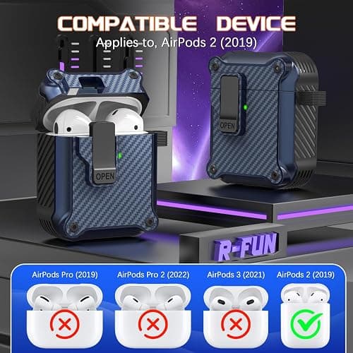 R-fun Compatible with AirPods 2nd Generation 2019,1st Gen 2016 Charging Case Cover, Full Drop Protection Auto Pop-Up Lid Compatible with Airpods Case with Cleaner Kit & Keychain,Fiber Night Blue thumbnail 4