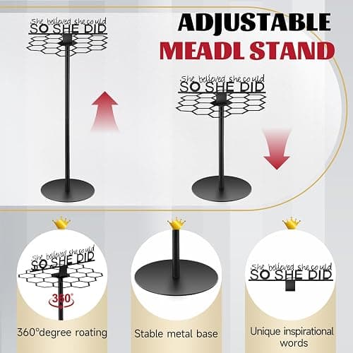 Honeydak Rotatable Medal Hangers Display Tabletop Metal Medal Holder Rack with Adjustable Height Holds 45+ Medals with Motivational Words Race Marathon Sports Hanger Display thumbnail 3
