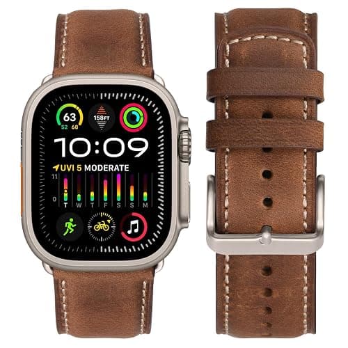 SUNFWR Leather Bands Compatible with Apple Watch Band 49mm 45mm 44mm 42mm for Men Women, Genuine Leather Replacement Strap for iWatch Ultra 2, Ultra, SE2, SE, Series 9 8 7 6 5 4 3 2 1 (Red thumbnail 8