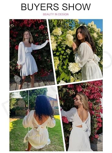 Dokotoo Womens Dress Long Lantern Sleeve Square Neck Tie Backless Sexy Dress Ruffle Elastic Waist A-Line Mini Dress thumbnail 5