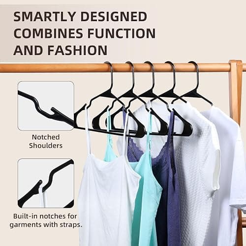 Plastic Clothes Hangers Without Notches,Clothes Hanger Space Saving,Replete 2 Hooks Inside,Sturdy Design for All Garments (40, Black B) thumbnail 5