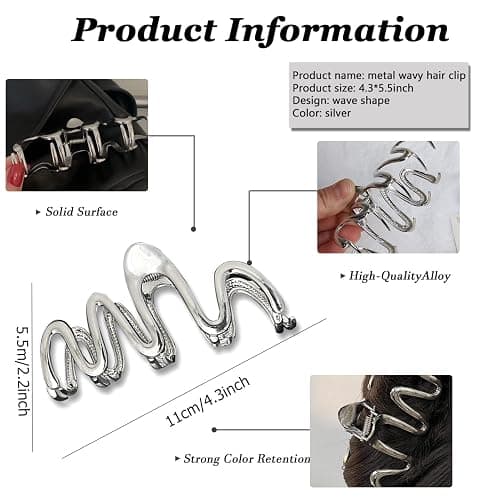 Muumoo Wavy Irregular Shape Metal Hair Clip, 1Pcs Silver Shark Claw Non-slip Head Clip - Elegant Hair Accessories for Daily Hair Accessories Decorations thumbnail 3