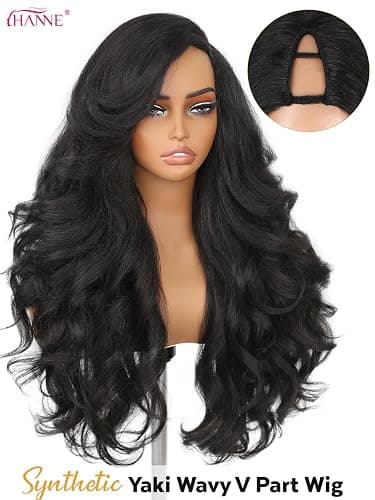 HANNE Yaki Wavy Flip Curls V Part Wig Curly U Part Wig 26’’ Fluffy Half Wig | Natural Black,230g,Glueless Wig,Synthetic,Heat Safe to 356℉,Hair Replacement Wigs,Beginner Friendly,Daily and Party Use thumbnail 2