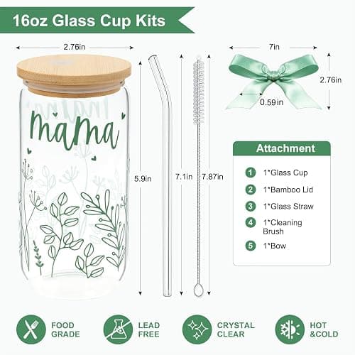 Gifts for Mom-Bow Mama Glass Cup with Lids and Straws Cute Aesthetic Iced Coffee Cup Smoothie Tumbler Gift for Mothers Day Christmas New Mom to be Personalized Birthday Presents for Women 16oz thumbnail 3