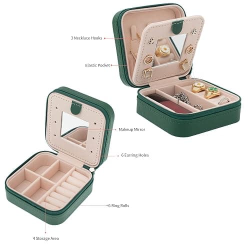 KElofoN Travel jewelry case Travel jewelry box Travel Jewelry Organizer Small box Gift for Girls Women with Mirror(Green) thumbnail 5