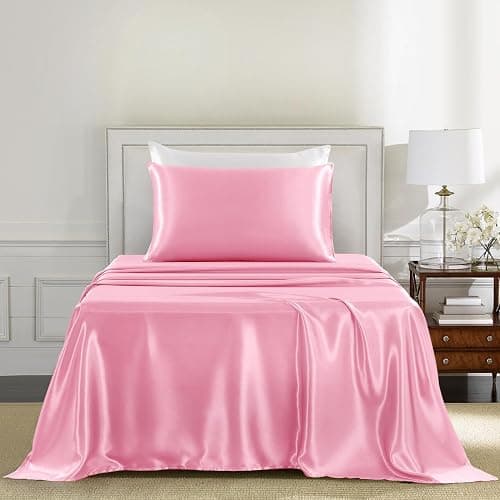 GOLAL Satin Sheets Twin Size - 3 Pieces Luxury Silky Soft Bed Sheets, Wrinkle-Free Light Pink Satin Silk Sheet Set with 1 Deep Pocket Fitted Sheet, 1 Flat Sheet, 1 Pillow Case thumbnail 2
