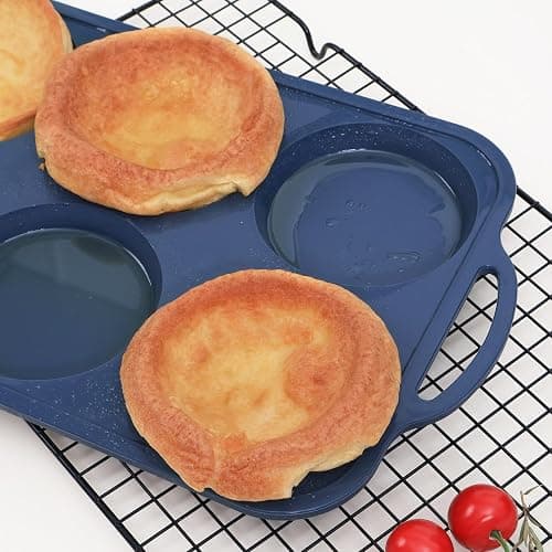 Highkit 10cm Giant Silicone Yorkshire Pudding Tray with Metal Handles,6 Cup Non Stick Jumbo Silicon Yorkshire Pudding Tin,Large Muffin Top Moulds for Baking Pan,Oven,Egg Bites,Whoopie Pie,Tart, Grey thumbnail 7