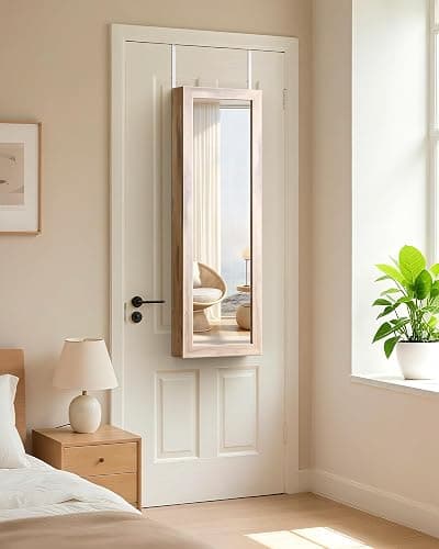 Nicetree 6 LEDs Mirror Jewelry Cabinet, Large Capacity Lockable Jewelry Armoire Organizer, Door or Wall Mounted Mirror with Jewelry Storage, Oak thumbnail 7
