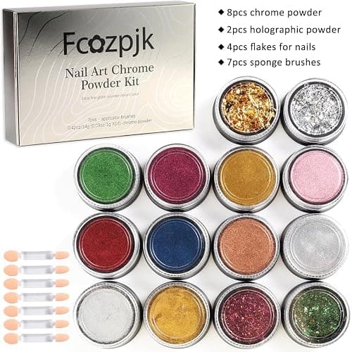 Chrome Nail Powder Set 14 Colors Pink Blue Silver Metallic Effect Mirror Powder for Nails with Brushes Holographic Pigment Chameleon Flakes for Nails Gold Leaf Decoration Nail Supplies thumbnail 2