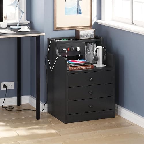 ADORNEVE Black Nightstand with Charging Station & Drawers | Night Stand for Bedroom,End Table with Hutch & 3 Storage Drawers thumbnail 5