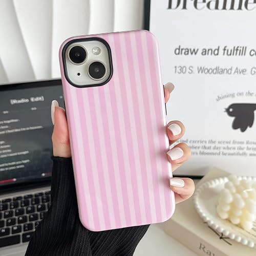 CHEDEMK Compatible with iPhone 15 Case, Cute Fashion Aesthetic Striped Pattern Cover for Women, Shockproof Soft TPU and Hard PC Protective Phone Case for iPhone 15 6.1"- Pink thumbnail 3