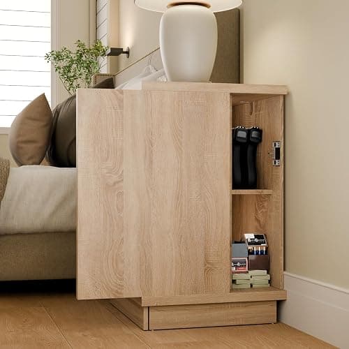 MOUMON Nightstand with Hidden Storage & NFC Lock, Bedside Table End Table with 3 Drawers, Pop-up Design, for Living Room Oak 23.6”W x 19.7”D x 31.5”H thumbnail 4