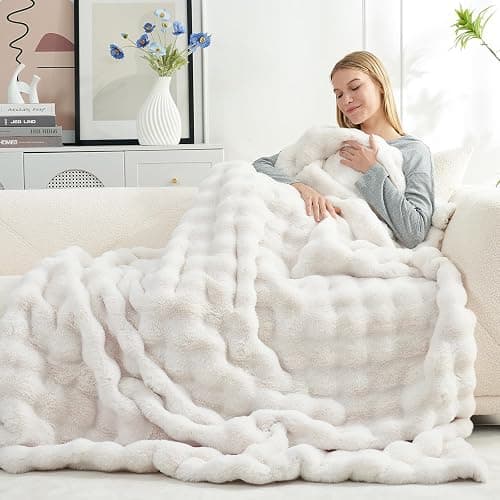 Cozy Bliss Faux Fur Throw Blanket for Couch, Fuzzy Soft Plush Thick Bubble Blanket for Sofa Bedroom Living Room, 50 * 60 Inches Cream White thumbnail 4