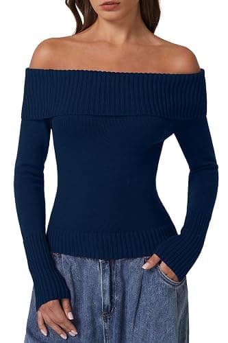 QINSEN Cotton Off The Shoulder Sweater for Women Long Sleeve Ribbed Knit Pullover Sweater Slim Fit Going Out Tops - Image 1