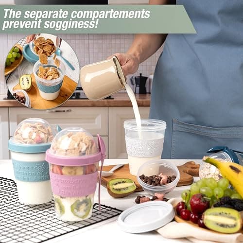 EYNEL 4 Pack Reusable On The Go Yogurt Parfait Cups, Breakfast Plastic Containers with Lids and Spoons, Perfect Jars for Overnight Oats Cereal Granola Oatmeal Smoothies and Snack Prep thumbnail 4