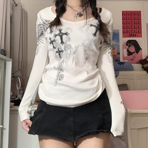 Grunge Clothes for Women Y2K Tops Long Sleeve Fairy Grunge Aesthetic Shirts Teen Girls Vintage Graphic Tees Fall thumbnail 5