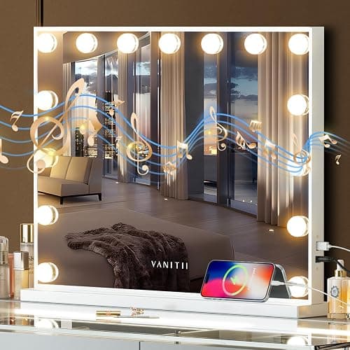 VANITII Vanity Hollywood Mirror with Lights Speaker USB Charging Lighted Makeup Mirror with Bulbs 3 Lighting Modes and Desktop Light up Mirror for Bedroom Dressing Room - 18.1"L x 22.8"W - Image 1