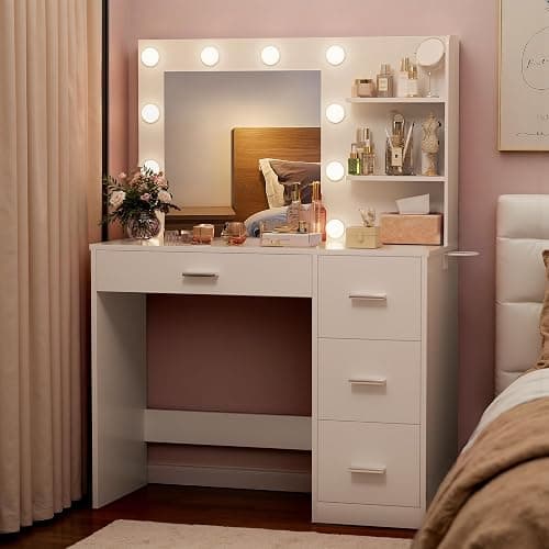 Furmax Vanity Desk with LED Lighted Mirror&Power Outlet, Makeup Vanity Table with 4 Drawers, 3 Open Storage Shelves, and 3 Color Modes, for Bedroom (Pure White) thumbnail 2